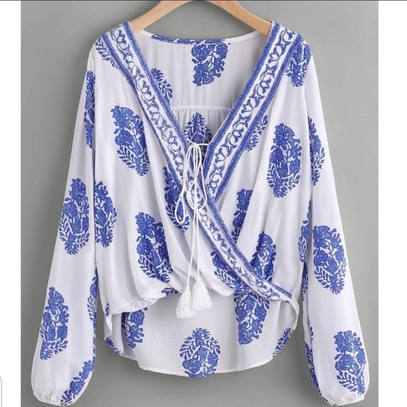 Private Label Tops - Boho Blue White Wrap Blouse Tassel Tie Peasant Top NWT S